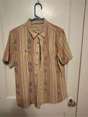 Toad&Co Beige Short Sleeve Button-Down with Multicolor Stripes